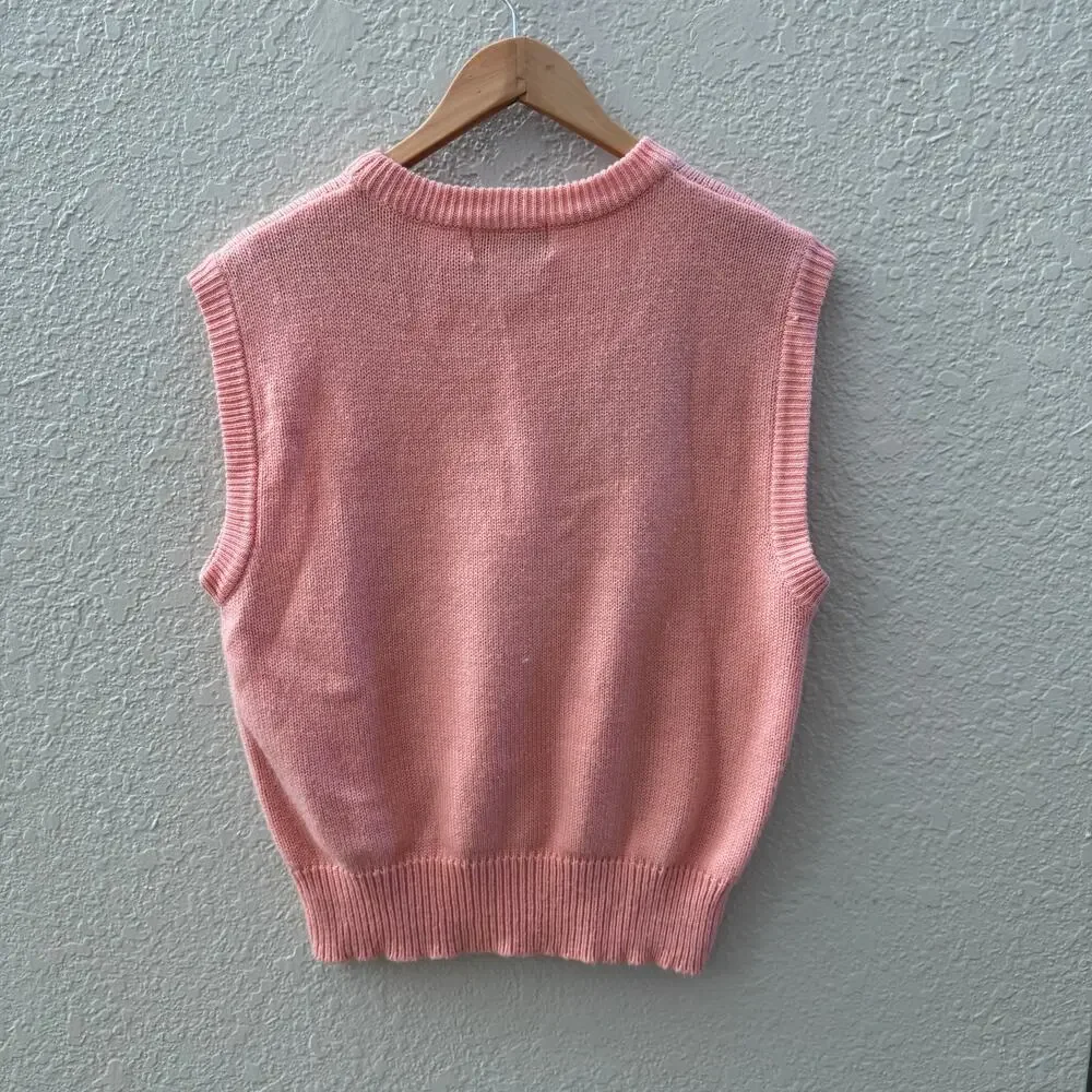 Vintage Coral Pink Teddy Bear Sleeveless Sweater Vest - Picture 3 of 6